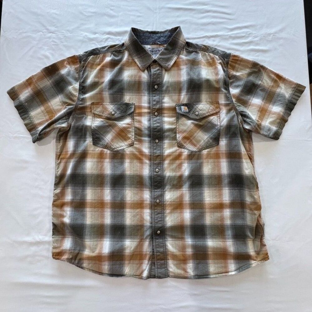 Carhartt Shirt Mens XL Olive Plaid Chambray Short Sleeve Workwear Relaxed Fit